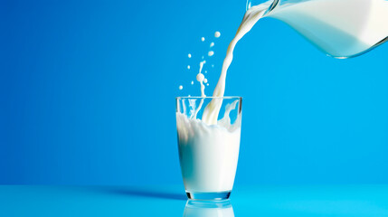 Capturing the motion of pouring fresh milk into a glass, with joyful splashes set against a serene light blue backdrop