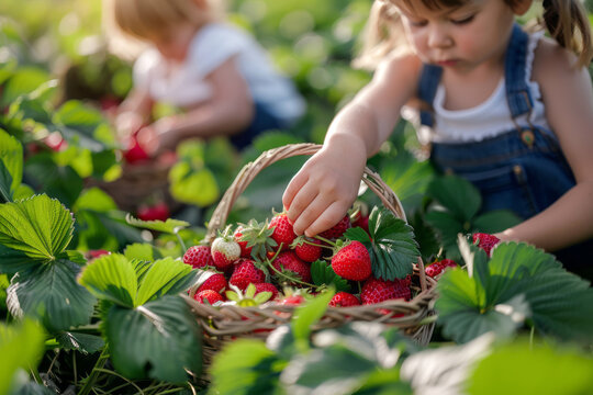 children are picking raspberries from the backyard garden