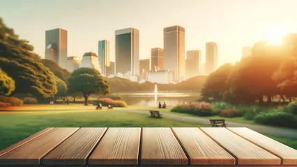 Gordijnen empty wooden table top foregrounding a softly blurred background of a city and park © chopoo