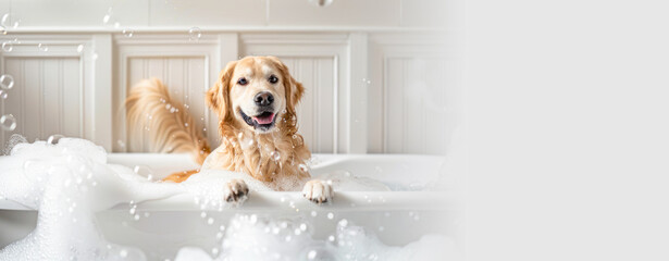 dog taking a bath grooming banner. A cute labrador retriever breed dog taking a bubble bath with his paws up on the rim of the tub. Copy space. Pet care, spa, Dog takes a shower and beauty treatment.