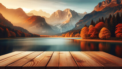 empty wooden table for the softened backdrop of a lake and mountain in autumn