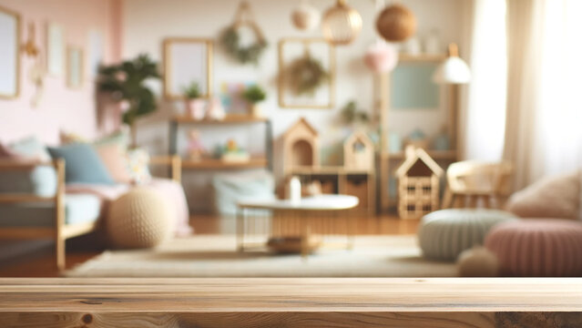 empty wooden table blurred interior of a kids room