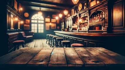 Fotobehang empty wooden table set against the vintage interior of a pub, featuring a dark wood counter © chopoo