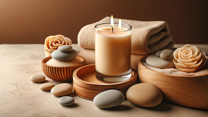 Fototapeta na wymiar Aroma candle perched on a beige background, accompanied by smooth stones, embodying warm aesthetic