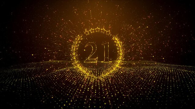 Abstract Golden Shiny Number 21 Laurel Wreath Label Dotted Lines Wireframe Particle Space Motion Reveal Effect With Wavy Dots Floor Pattern