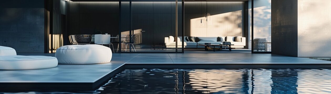 Modern minimalist aesthetic of the swimming pool by capturing a photo of the poolside lounge area, generative AI