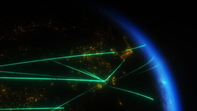 Experience the digital dawn over Asia with this high-tech animation. Data streams connect cities from China to Japan, painting a futuristic vision of communication and technology against the backdrop 