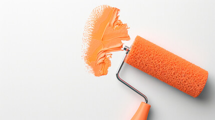 Obraz premium Paint Roller with peach paint banner. painting wall Painting apartment, renovating with trendy peach color paint. Decoration Materials special offer, sale banner.