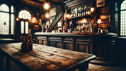 empty wooden table set against the vintage interior of a pub, featuring a dark wood counter