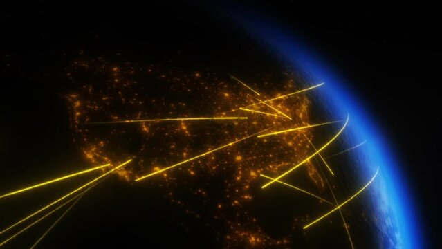Digital animation of data transfer and global communications across North America, highlighting city lights, Earth sunrise, and hi-tech networks in a space view.