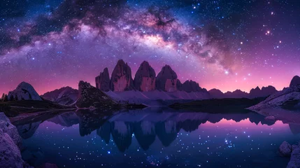 Foto op Plexiglas Milky Way above mountains at night with reflection in the lake. Landscape with alpine mountain valley, purple starry sky with milky way. © Dina Photo Stories