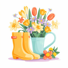 Rubber boots, with watering can and spring flowers. Cute isolated illustration in flat style