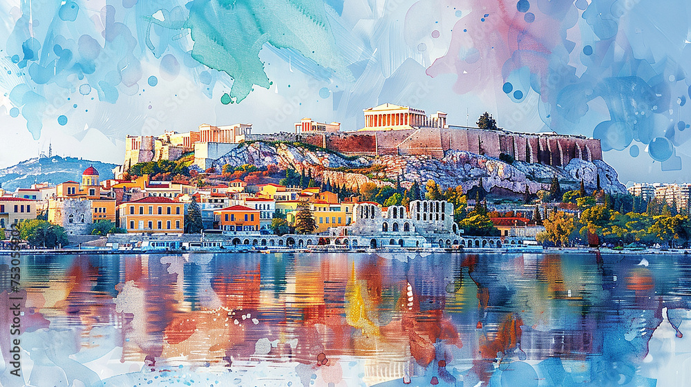 Poster watercolor touristic card of athens