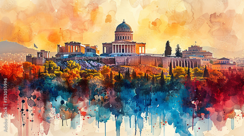 Wall mural watercolor touristic card of athens