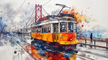 Watercolor touristic card of  yellow tram in Lisbon