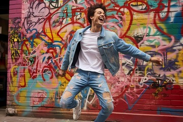Sporting a casual denim jacket and sneakers, the model's carefree laughter resonates against a backdrop of colorful graffiti-covered walls.