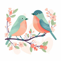 Spring birds on a branch, pastel colors, isolated illustration in flat style
