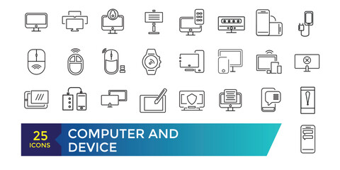 Computer and Device icon set. Devices flat line icons set. Pc, laptop, computer, smartphone, desktop, office copy machine vector illustrations.