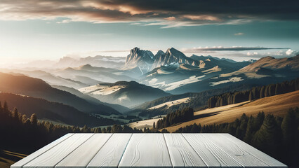 white wooden table top foregrounding a breathtaking mountain landscape