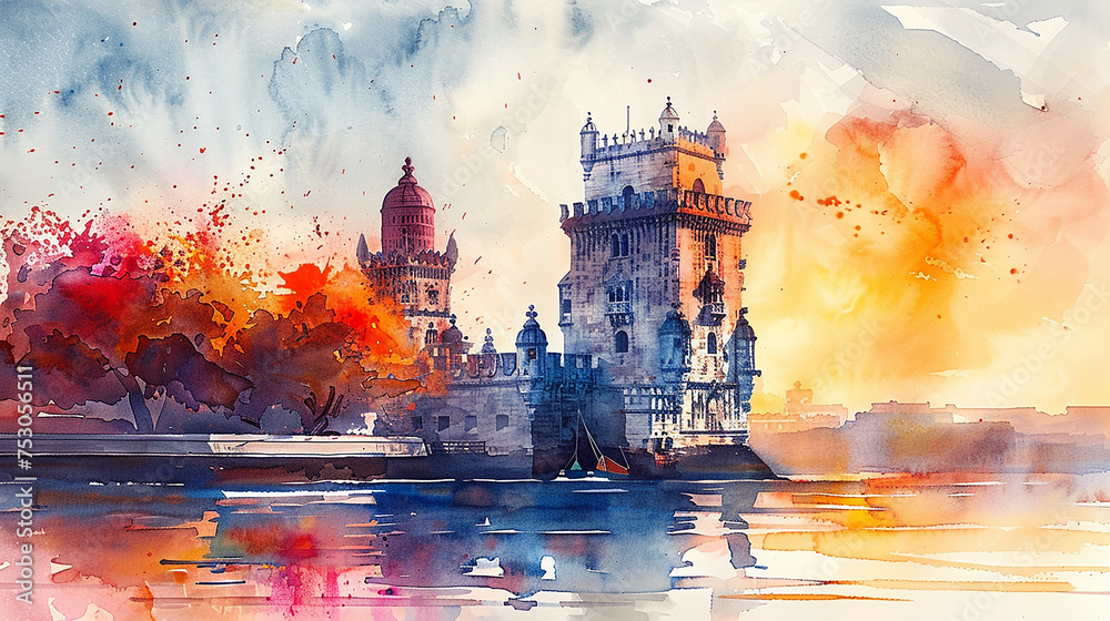 Poster watercolor touristic card of torre de belem