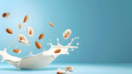 Almonds splashing into milk. High-speed photography with almonds and milk droplets suspended in air. Food and drink concept with copy space, Almond floating in air and milk splash in the air isolated