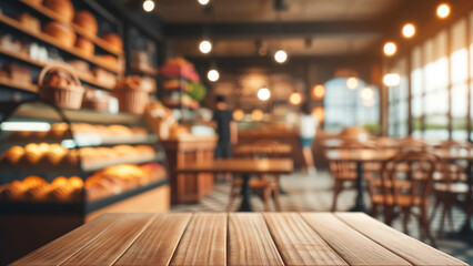 empty wooden table set against the blurred backdrop of a bakery