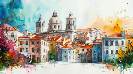 Watercolor touristic card of  Lisbon