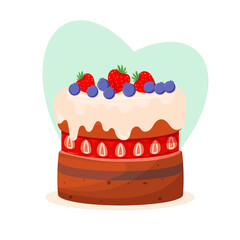 Chocolate sponge cake on plate for birthday or wedding anniversary party. Layered sweet dessert decorated with cream and berries, strawberries. Flat vector illustration isolated on white background