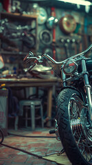 Custom motorcycle with chrome detailing, parked inside a rustic workshop.