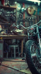 Papier Peint photo autocollant Moto Custom motorcycle with chrome detailing, parked inside a rustic workshop.