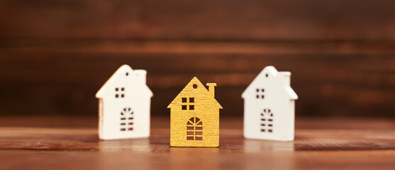 Houses on wooden background, buying, selling or renting home. Loan. Real estate banner. - 753056906