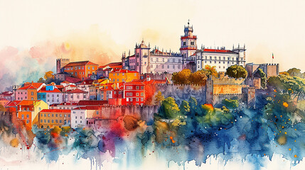 Watercolor touristic card of S&atilde;o Jorge Castle