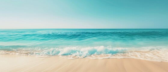 Serene Beach with Turquoise Waters and Clear Sky, The serene scene of a beach with gentle turquoise waters under a clear sky invokes a feeling of peace and relaxation. - obrazy, fototapety, plakaty