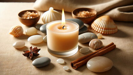 vanilla candle burning softly on a beige background, surrounded by stones, creating a warm