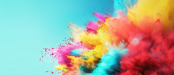 Explosion of Colorful Powder on Blue Background, A dynamic bursts across a vivid blue background, symbolizing energy, creativity, and celebration.