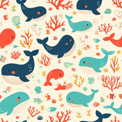 Underwater-themed pattern with whales and coral, a playful marine life illustration.