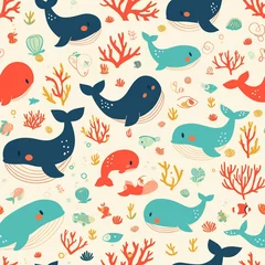 Foto auf gebürstetem Alu-Dibond Meeresleben Underwater-themed pattern with whales and coral, a playful marine life illustration.