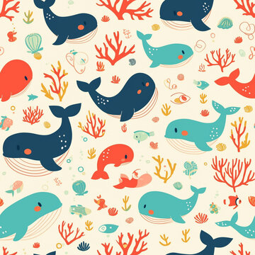 Underwater-themed pattern with whales and coral, a playful marine life illustration. © GreenMOM