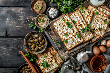 Overhead view of a traditional matzah bread a food eaten during passover - obrazy, fototapety, plakaty