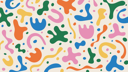 Fun colorful pattern of abstract liquid shapes and blobs in various colors on beige background. Vector art with matisse style hand drawn figures and lines
