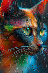 Abstract cat portrait with vibrant fractal patterns
