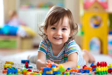 Fototapeta premium Smiling toddler amidst colorful building blocks in a bright playroom
