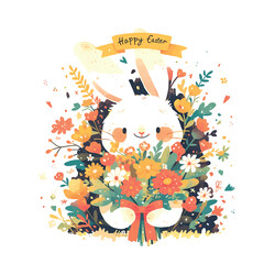 A rabbit holding a bouquet of flowers and a ribbon that says Happy Easter. The bunny is cute and the flowers are bright and colorful, giving the image a cheerful and festive mood