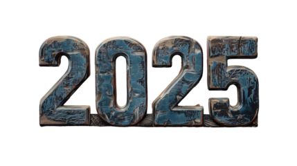 rusty metal numerals "2025", creating a strong visual contrast and a sense of aging or sustainability	