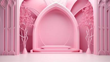 Empty pink room with ornate arch design