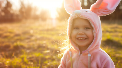 Toddler laughing in a pink plush bunny costume against a background of nature. Horizontal format.