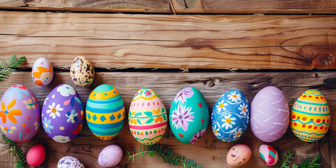 Naklejka na ściany i meble colorful painted easter eggs on a wooden table, gold green orange blue easter eggs on wood background. Easter frame of eggs painted in blue colorful color. Flat lay, top view. Copy space for tex