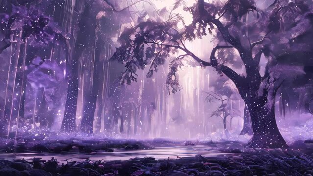 A wolf stands in a mist-enshrouded mystical purple forest, surrounded by glowing particles and giant trees.
