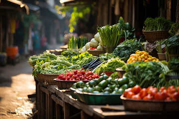 Vegetable market with wooden rows full of various vegetables. Generated by artificial intelligence