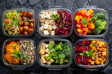 Assorted vegetarian meal prep for healthy eating.  - obrazy, fototapety, plakaty